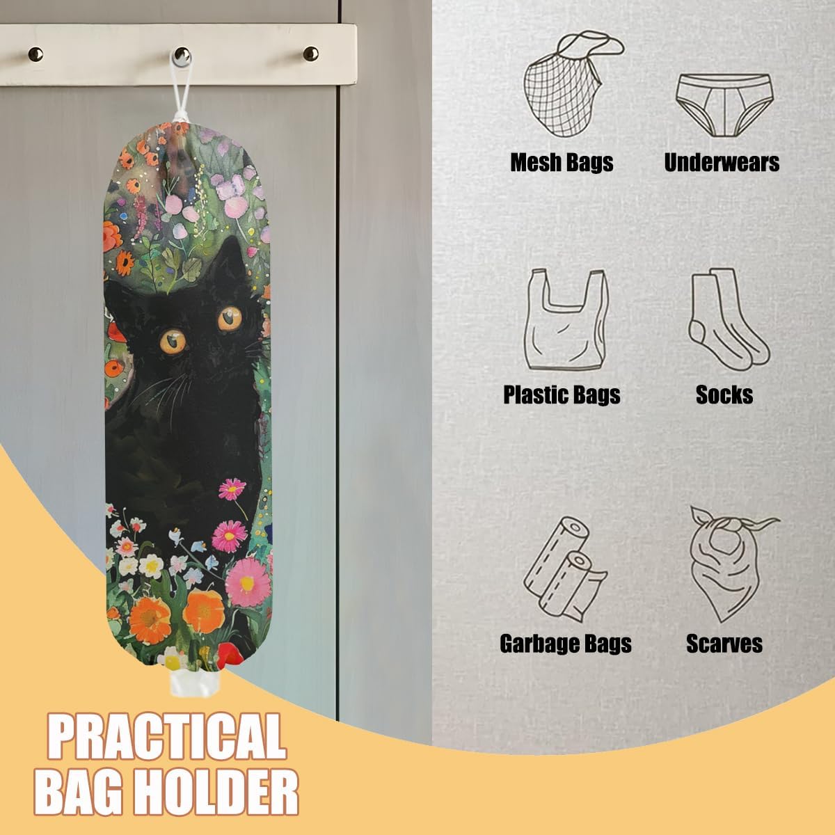 Flower Cat Plastic Bag Holder, Wall Mount Grocery Bag Holder, Plastic Storage bag, Pull Rope Free Adjustment, Plastic Bag Holders for Grocery Bags, Plastic Bag Dispenser for Home Kitchen Pantry