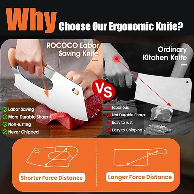 ROCOCO Meat Cleaver Knife Unique Effort Saving Kitchen Knife Professional Stainless Steel Chef Cooking Knives for Cutting Meat Vegetable Father Mother Christmas Gift Red