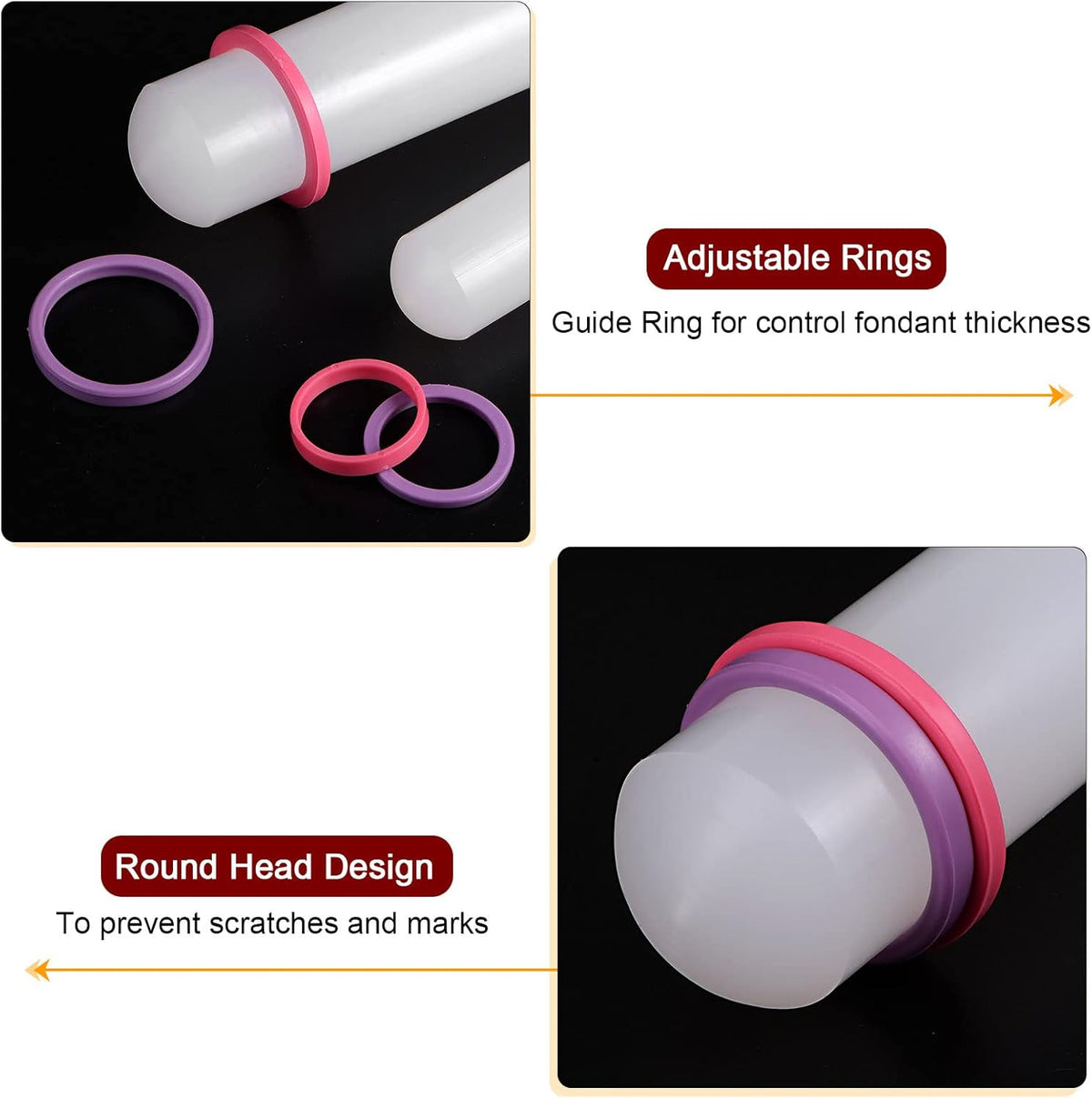 HARFINGTON 2pcs Fondant Rolling Pin 12 Inch x 1.38 Inch Adjustable Guide Rings Non-Stick PP Plastic Fondant Roller Dough Roller Kitchen Decorating Tools for Cookie Pastry Pizza Clay