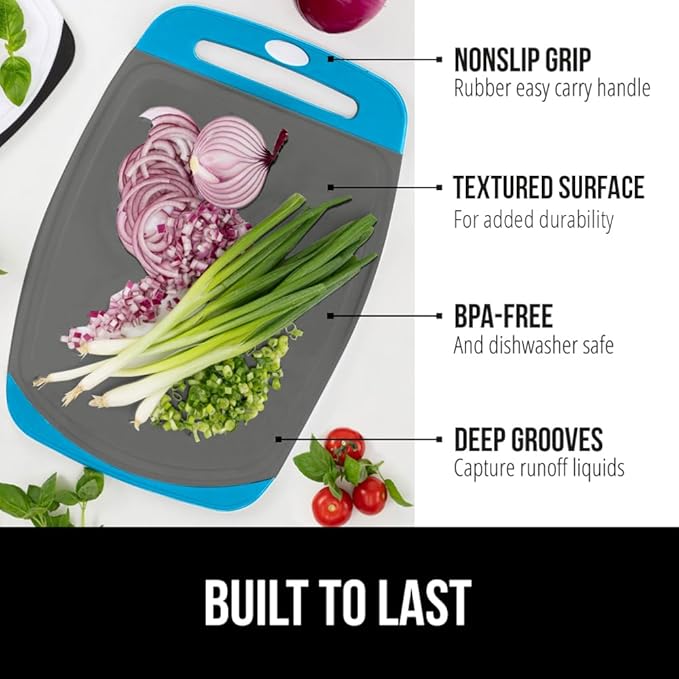 GORILLA GRIP BPA-Free Reversible Kitchen Cutting Board Set of 3, US Designed, Nonporous, Juice Grooves Catch Liquid, Slip Resistant Border, Dishwasher Safe, Durable Food Chopping Boards, Aqua Gray