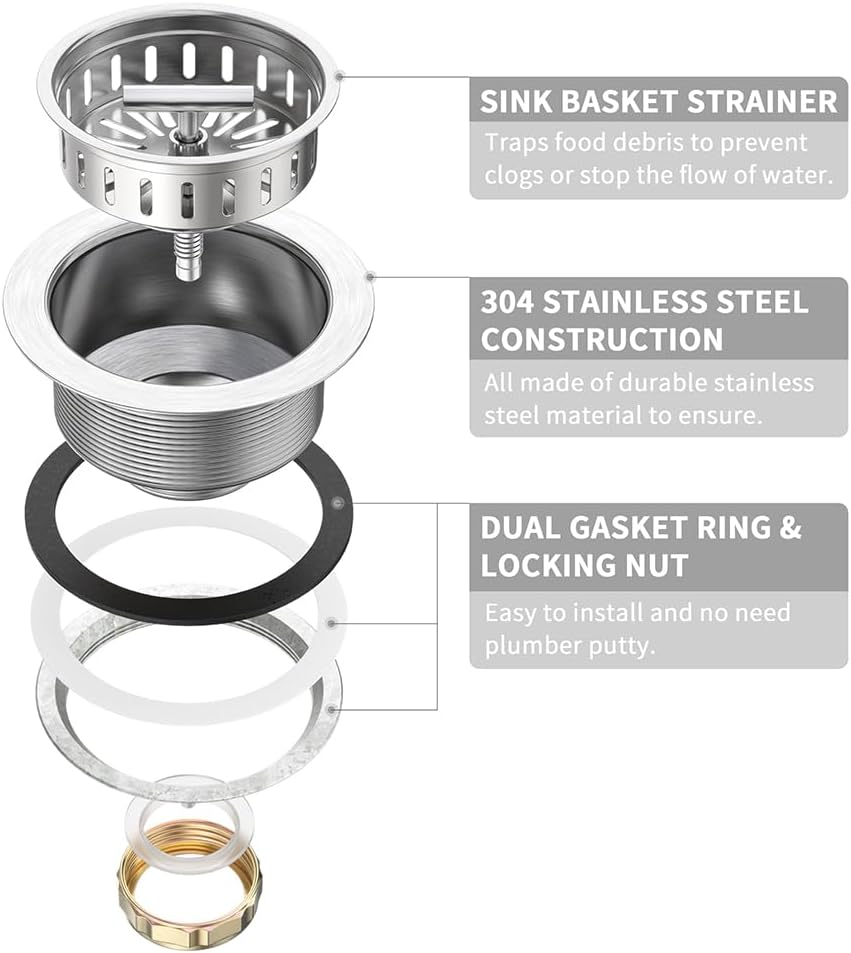 KONE Kitchen Sink Drain Sink Strainer 3-1/2 Inch Drain Assembly Kit Replacement for Universal 3.5 Inch Kitchen Sink, All Stainless Steel Body with Strainer Basket and Drain Stopper (9171，Stainless)
