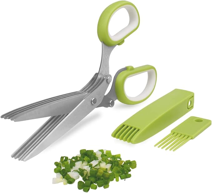 5-Blade Herb Cutter Scissors with Safety Cover, Cleaning Comb - Green