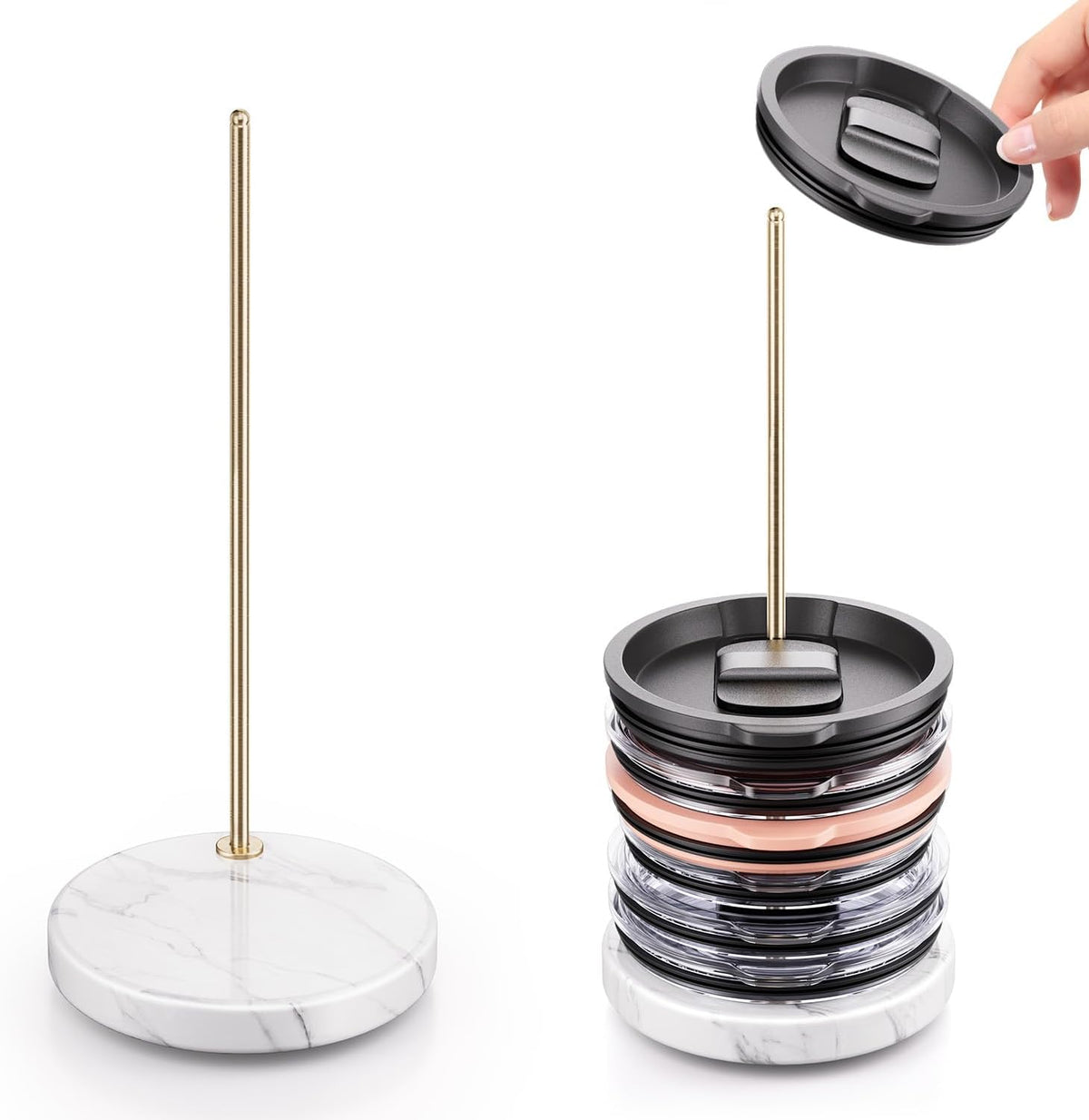 Stainless Steel Tumbler Lid Organizer With Marble Base for Stanley Cup/Yeti - Space-Saving Vertical Stacker for Up to 10 Lids, Clutter-Free Kitchen Cabinets and Countertops (Gold)