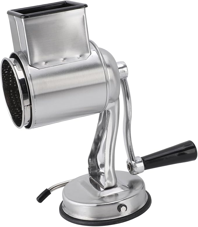Manual Cheese Grater Stainless Steel Kitchen Hand Crank Grinder with 5 Interchangeable Blades and Handle for Vegetable Nut Potato (Silver)