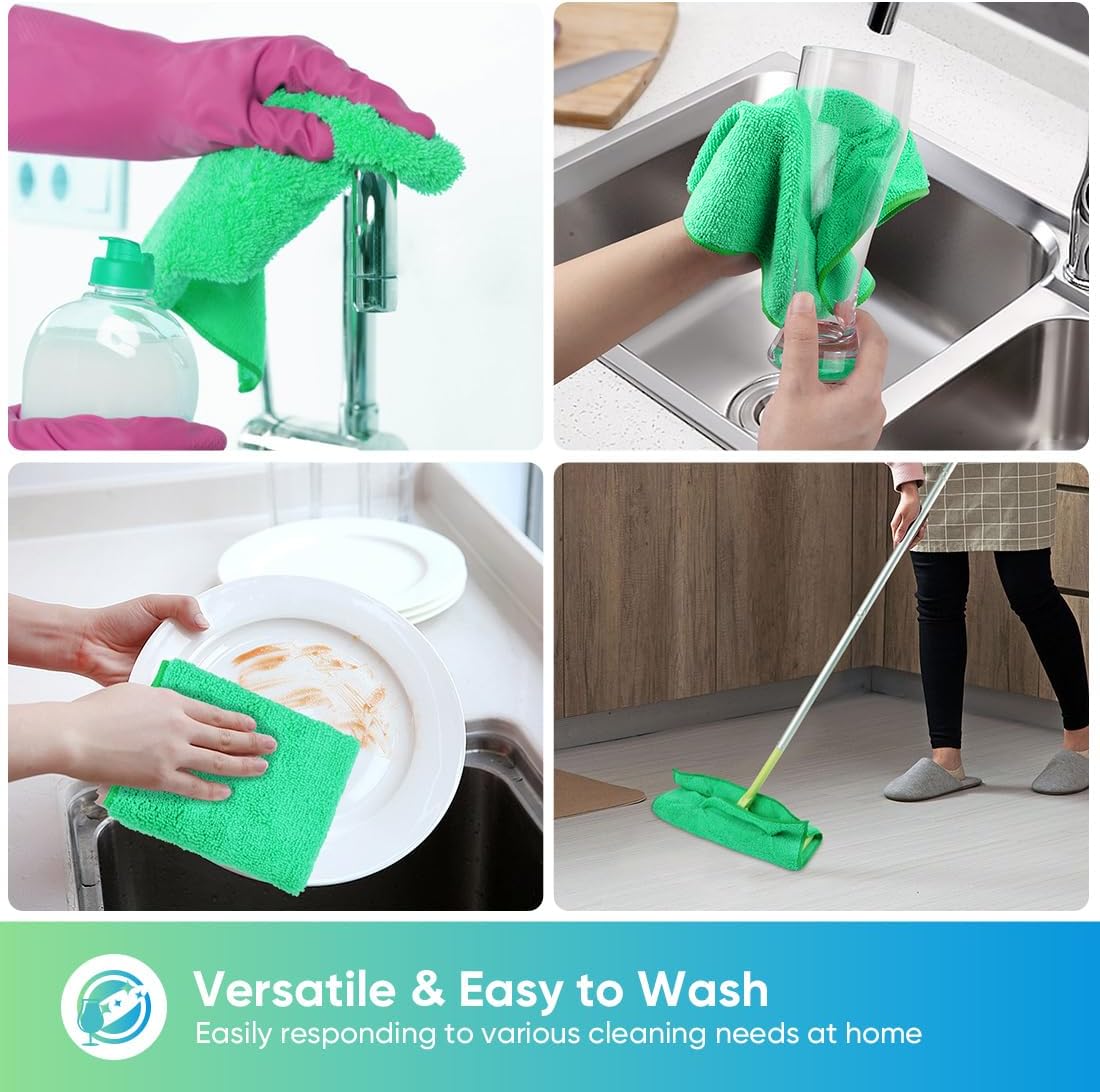 HOMEXCEL Green Microfiber Cleaning Cloth, 12 Pack Premium Microfiber Towels for Cars, Lint Free, Scratch-Free, Highly Absorbent, Reusable Cleaning Rags for Car, Household, Kitchen, Window,11.5"X11.5"