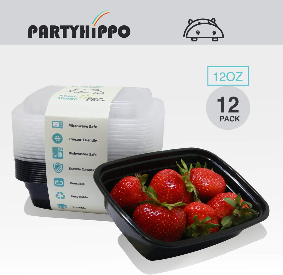 PARTYHIPPO Small Meal Prep Containers Single Lids, 12 OZ 12-pack, Food Storage Bento BPA Free | Stackable | Reusable Lunch Boxes, Microwave/Dishwasher, Freezer Safe,Portion Control