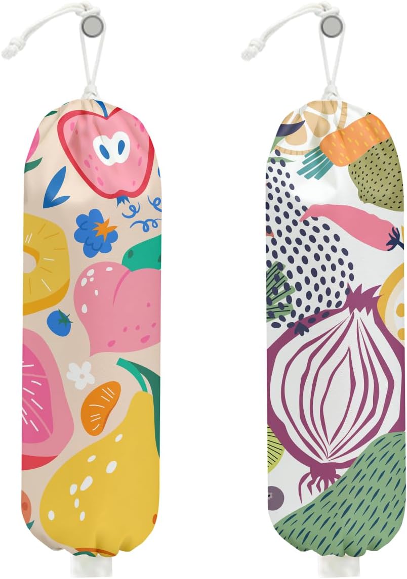 2Pcs Abstract Summer Fruits Plastic Bag Holder for Kitchen Essentials, Grocery Bag Holder for Plastic Bags, Dragon Fruit Orange Peach Reusable Grocery Bags Storage Dispenser for Home Kitchen Farmhouse