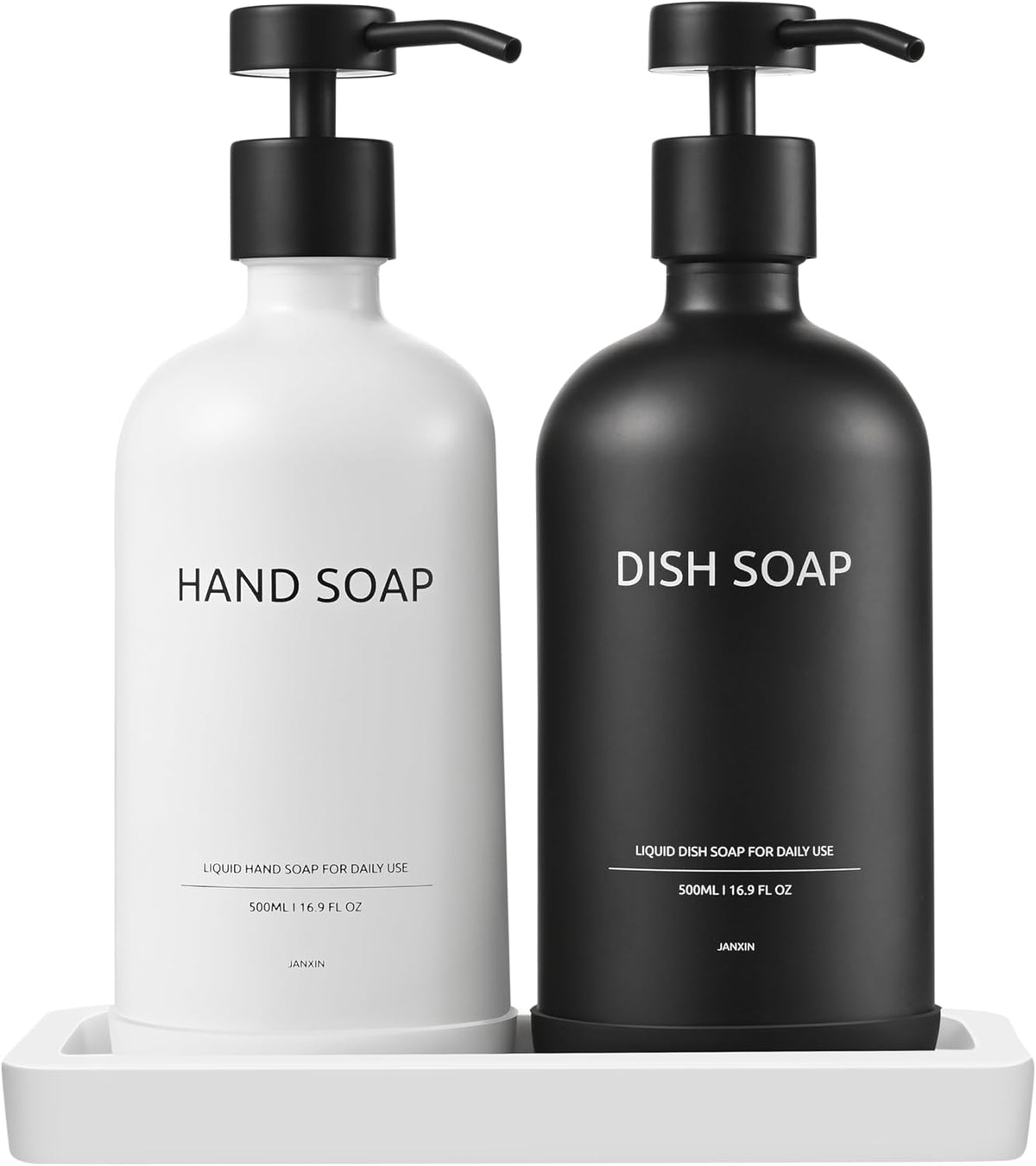Glass Kitchen Soap Dispenser Set with Ceramic Tray,16.9 floz Hand and Dish Soap Dispenser for Kitchen and Bathroom Decor,White and Black Kitchen Accessories(White Bottles+Black Bottles)