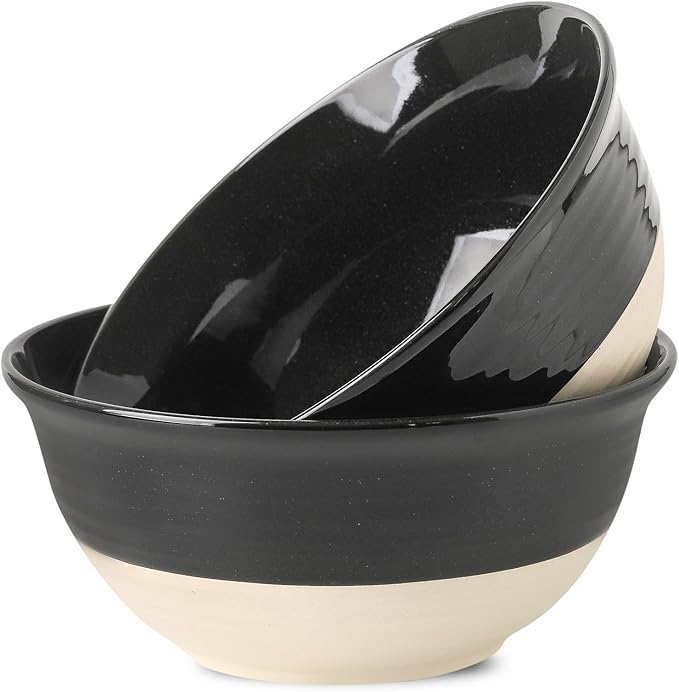 Hasense Ceramic Serving Bowls Set of 2, 9 Inch Large Salad Bowls for Kitchen, 84 Ounce Mixing Bowl Set for Cooking, Baking, Side Dishes, Soup, Popcorn, Dishwasher and Microwave Safe, Black