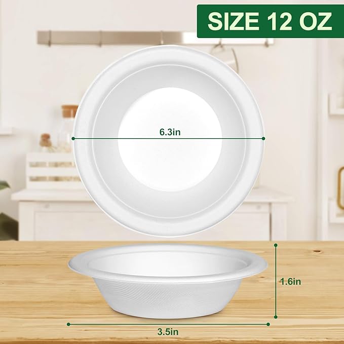 Paper Bowls 12oz, Disposable Bowls Heavy Duty, 1000-Pack 100% Compostable Disposable Soup Bowl, Biodegradable Bagasse Paper Bowls Bulk-White