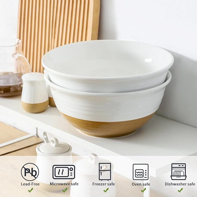 Hasense Serving Bowls, 9 Inch Ceramic Salad Dish for Kitchen, 84 Ounce Large Mixing Bowls for Cooking, Side Dishes, Baking, Popcorn, White Serving Dishes Set of 2, Dishwasher Microwave Safe