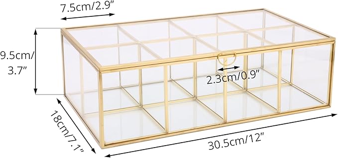 NCYP Glass Tea Bags Organizer with Lid, 8 Compartments Teabag Container, Indoor Counter Top Brass Display Case, 12" x 7.1" x 3.7" Teabag Storage Box, Gold Decor (Glass Box Only)
