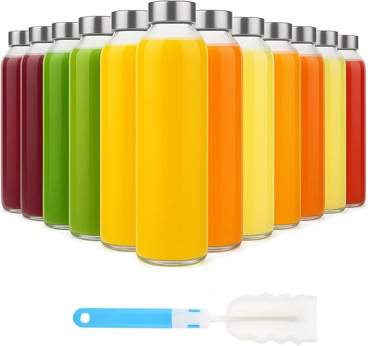 [12 Pack]18 oz Glass Water Bottles with Lids, Juice Bottles, Clear glass juice bottle for juicing, Eco-Friendly Reusable Glass Juicing Bottles with Stainless Steel Lid, BPA Free,Leak-Proof