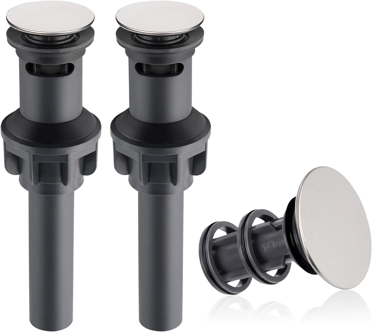 Hibbent 2 Pack Universal Bathroom Sink Drain Stopper, Pop Up Drain Strainer with Overflow, Push and Seal Sink Plug with Basket for Lavatory Vanity Vessel, Anti-Clogging Strainer, Brushed Nickel