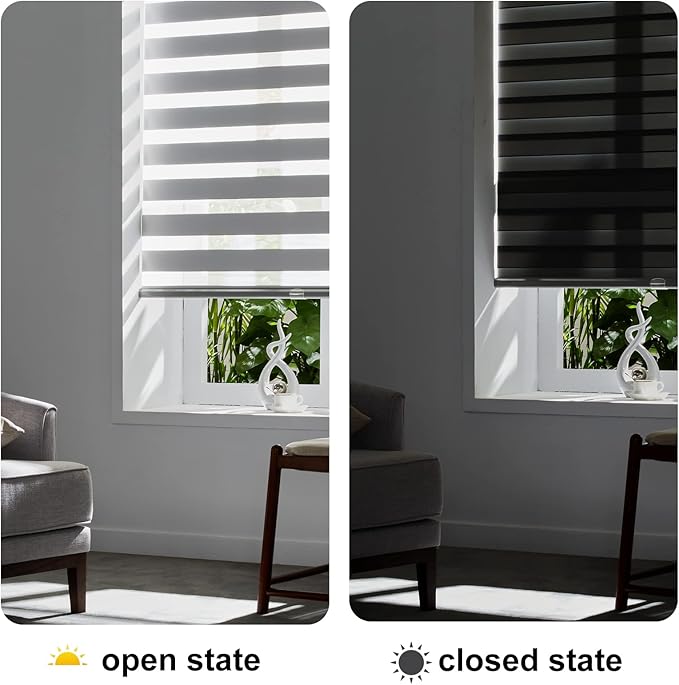 Persilux Cordless Zebra Blinds for Windows Free-Stop Roller Windows Shades (34" W X 72" H, Grey) Dual Layer Light Control for Day and Night, Light Filtering Sheer Shades for Home, Easy to Install