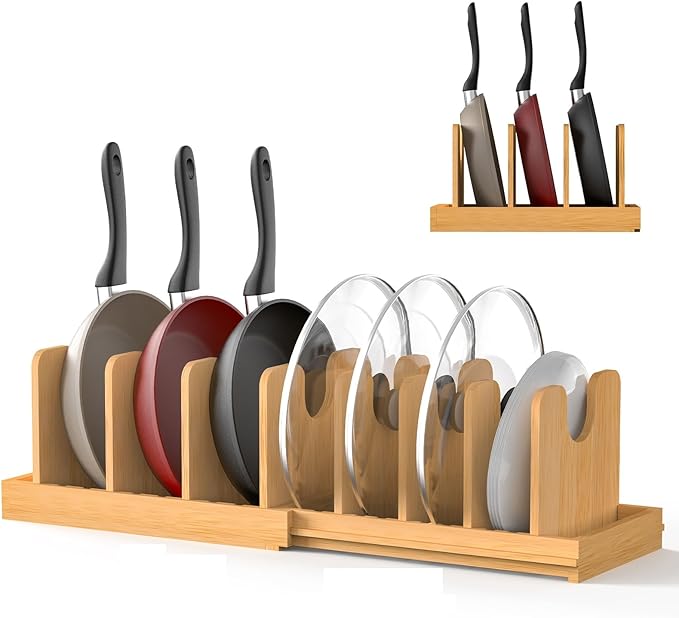Expandable Pot Lid Organizer, Bamboo Pot and Pan Organizer for Under Cabinet, 16" to 28" Adjustable Length and 10 Dividers