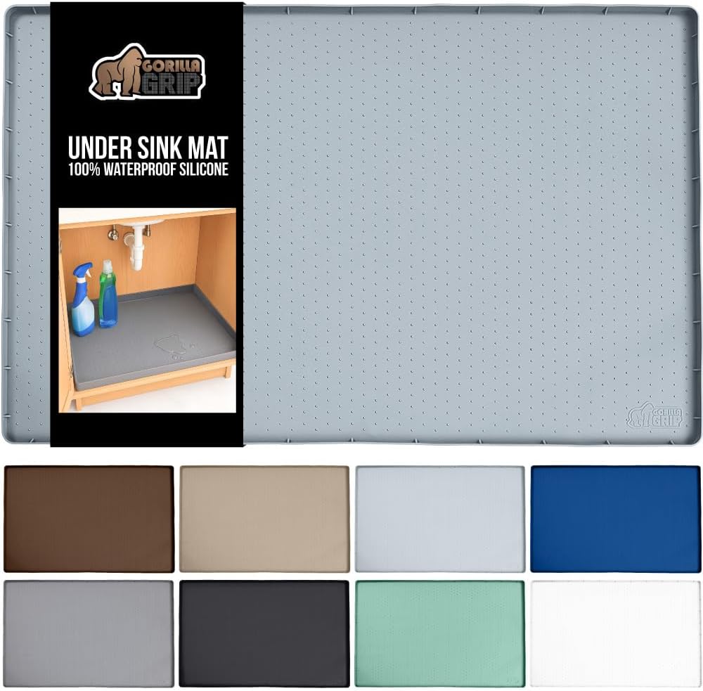 GORILLA GRIP Waterproof Silicone Under Sink Mat with Raised Lip for Kitchen and Bathroom, Cabinet Shelf Liner Stay in Place Mats Dishwasher Safe Drawer Liner, Organizer Tray, 19 x 22 in, Light Grey