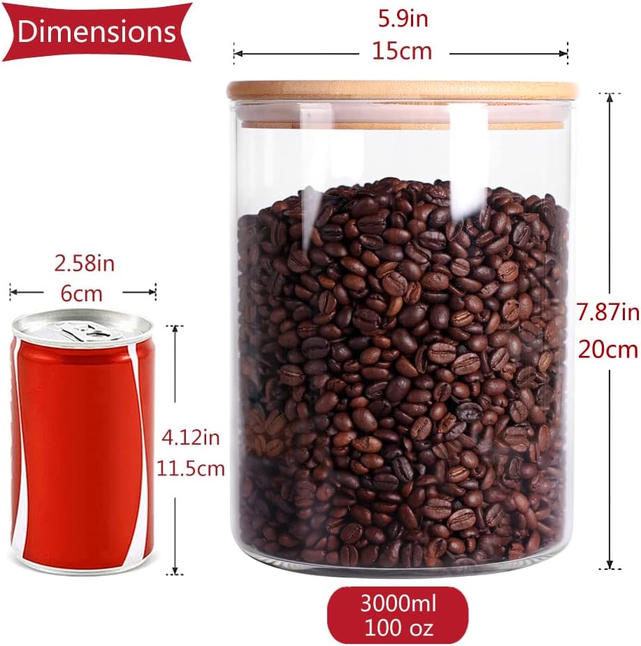 Set of 2 Glass Flour Container with Airtight Bamboo Lid, Large Food Jar with Wooden Lid for Storage Flour, Sugar, Cookies, Rice, Coffee Beans(3L)