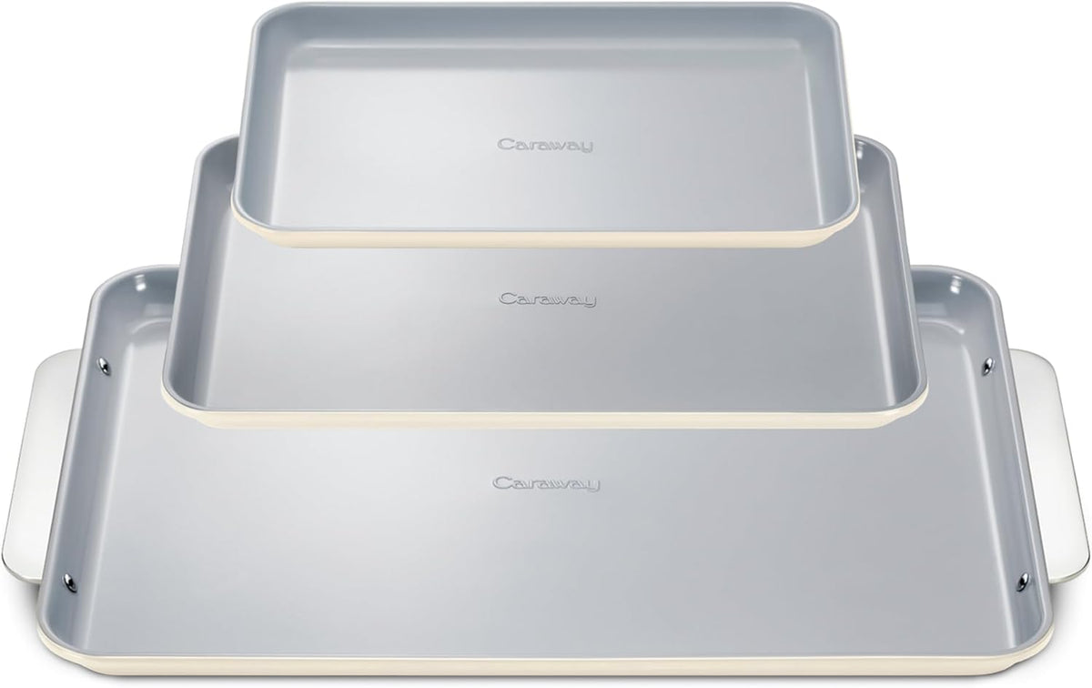 Caraway Non-Stick Ceramic Baking Sheet Trio - Naturally Slick Ceramic Coating - Non-Toxic, PTFE & PFOA Free - 18 x 13" Large, 15 x 10" Medium, & 9" x 13" Small - Cream