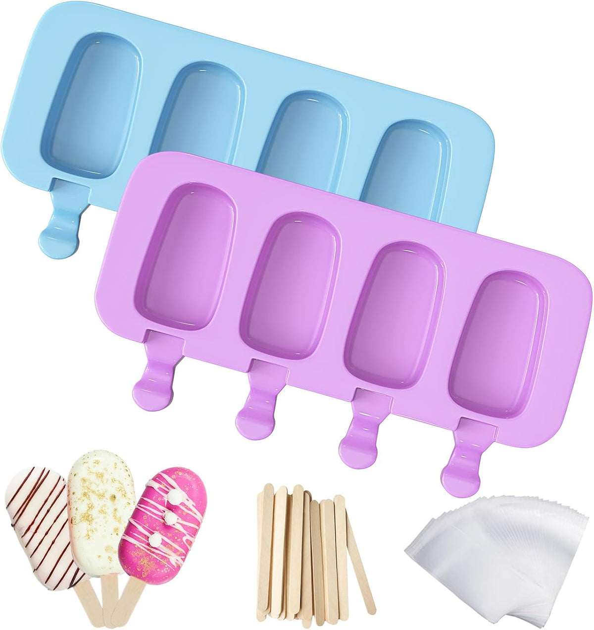 Ozera Popsicles Molds, 2 Pack Silicone Cake Pop Molds Reusable Popsicle Maker Ice Pop Cakesicle Molds with 50 Wooden Sticks & 50 Popsicle Bags for Homemade DIY Popsicles
