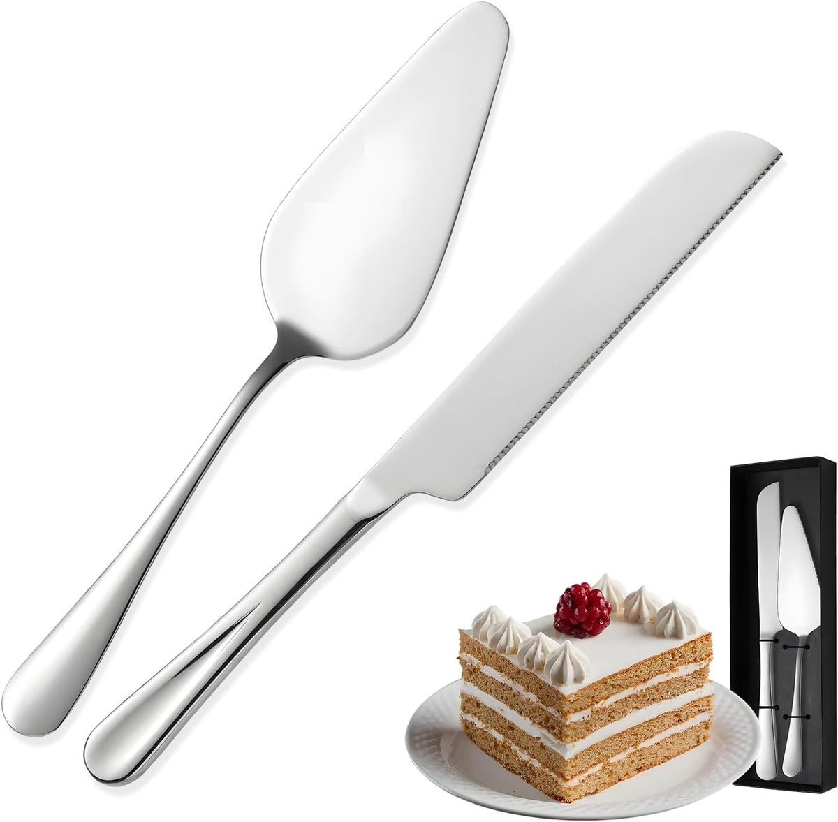 Silver Cake Cutting Set for Wedding, Premium Stainless Steel Cake Knife, Premium Cake Cutter set is Great for Birthdays, Anniversary Parties, and Christmas.Perfect for any celebration