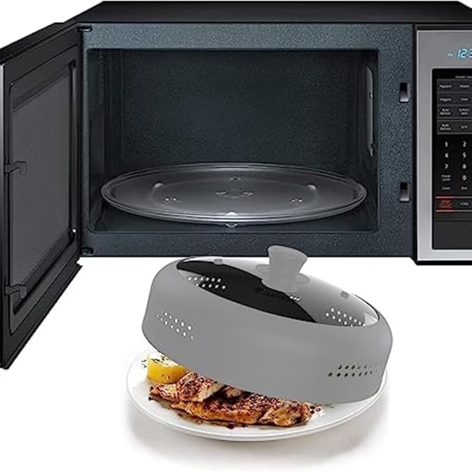 Microwave Cover for Food, Silicone and Glass Splatter Guard Lid for 6–7–8–9-10-11-12 inch Plates & Bowls. By EZY ACTIVE (Gray)