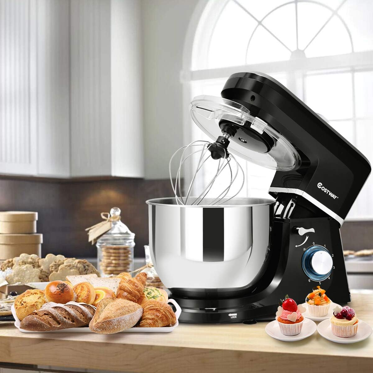 COSTWAY Stand Mixer, 7.5-Quart 660W 6-Speed Electric Mixer with Stainless Steel Bowl, Tilt-head Food Mixer with Dough Hook, Beater, Whisk (Black)
