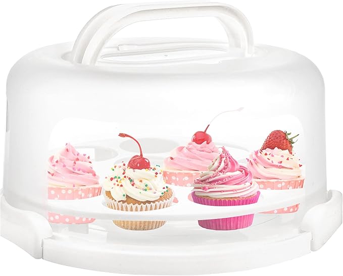 Yesland Cake Carrier with Collapsible Handle - White Cake Container and Holder with Lid - Portable Plastic Round Cake Cover for 10 inch Cake, Pies, Cookies, Nuts, Muffins, Cupcakes and Fruit