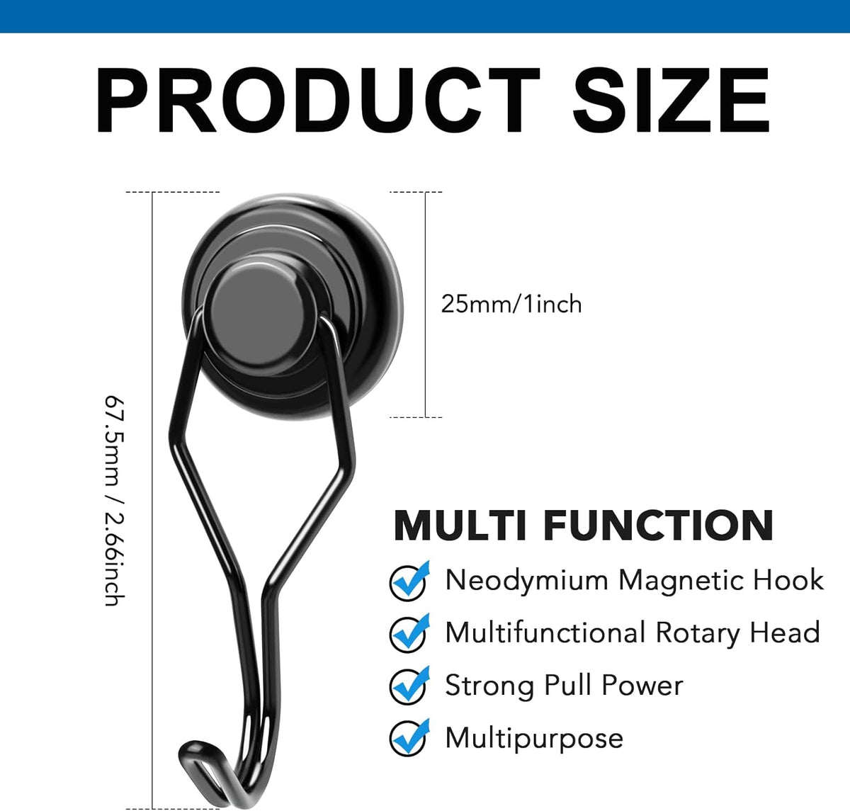 LOVIMAG Hooks, 75lbs+ Magnetic Magnet Hook 2025 Cruise Cabin Ship Essentials Heavy Duty Strong Refrigerator Fridge Hanging for Classroom Beach Vacation Kitchen Grills Home Mug Hanger (8 Pack), Black
