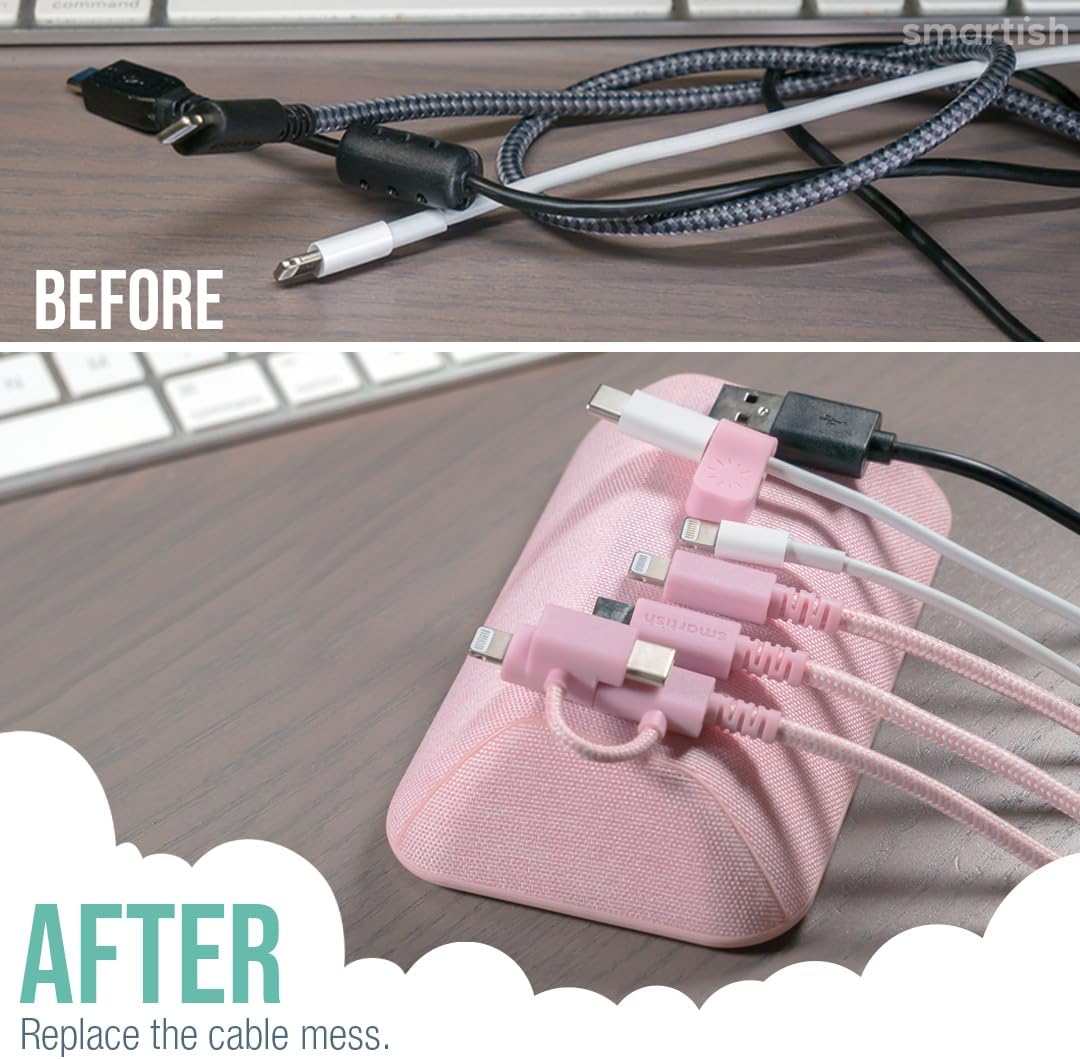 Smartish® Magnetic Cord Holder - Bigger Cable Wrangler Organizer with Magnet Clips for Charger Management on Desktop, Nightstand, or Side Table - Holds 6+ Cables - I'm Blushing