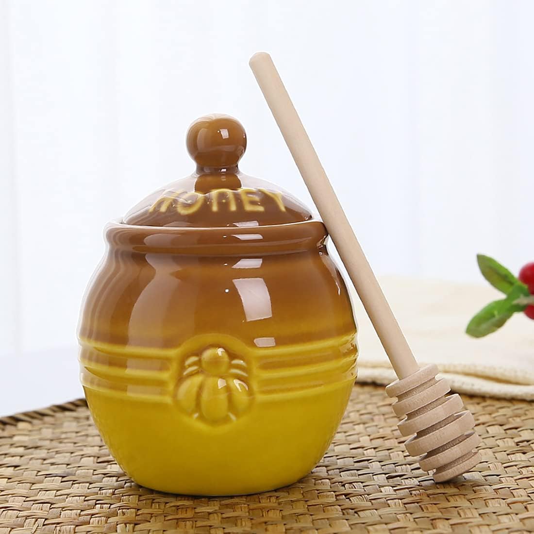 Ceramic Honey Pot with Dipper - Brown Honey Jar with Stand, Great Bee Decor - Farmhouse Kitchen Decor