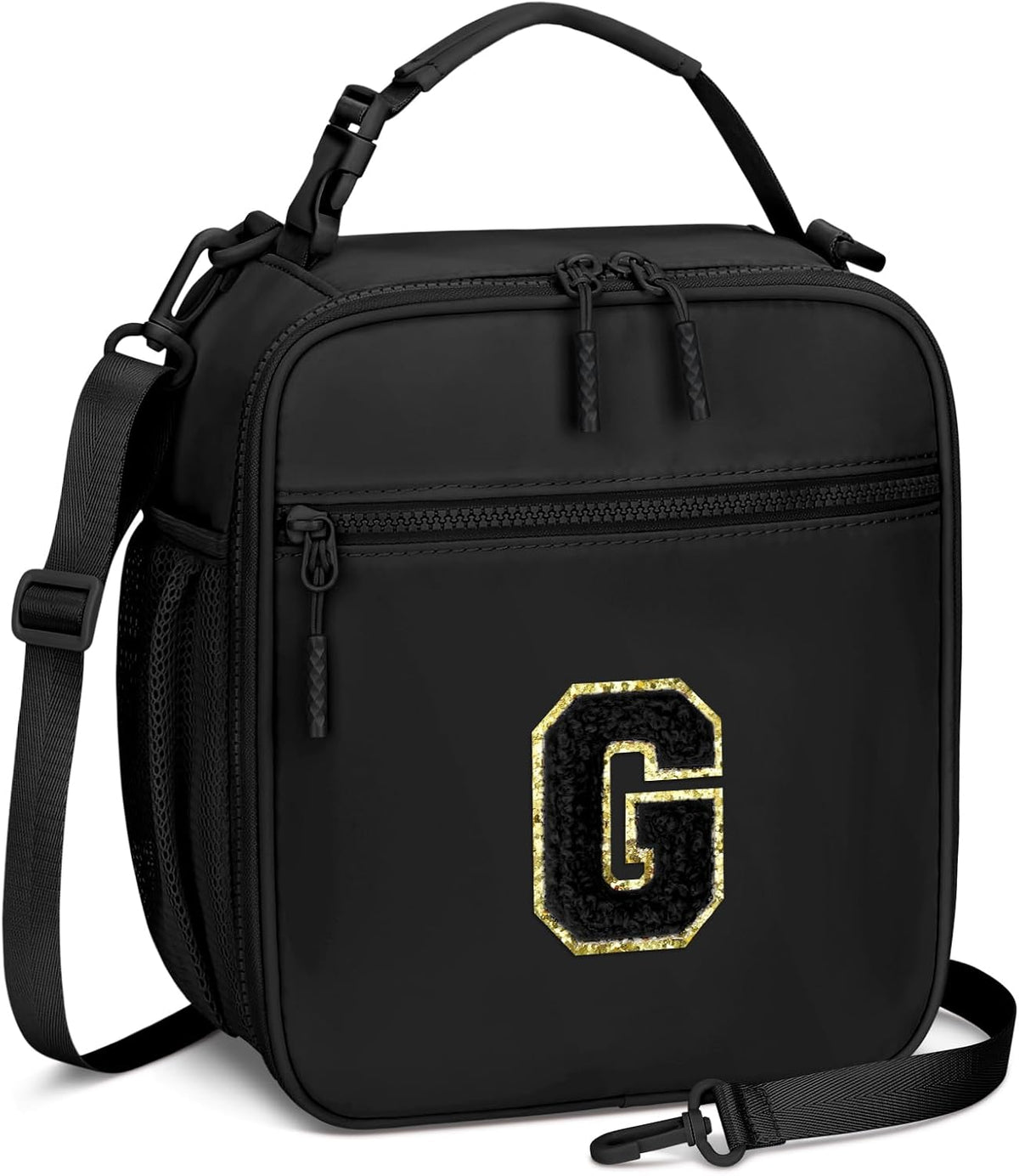 Initial Insulated Lunch Bag for Boys Kids, Back to School Gift, Reusable Leak-proof Lunch Box with Adjustable Strap for School Daycare Travel Picnic（Black，G）