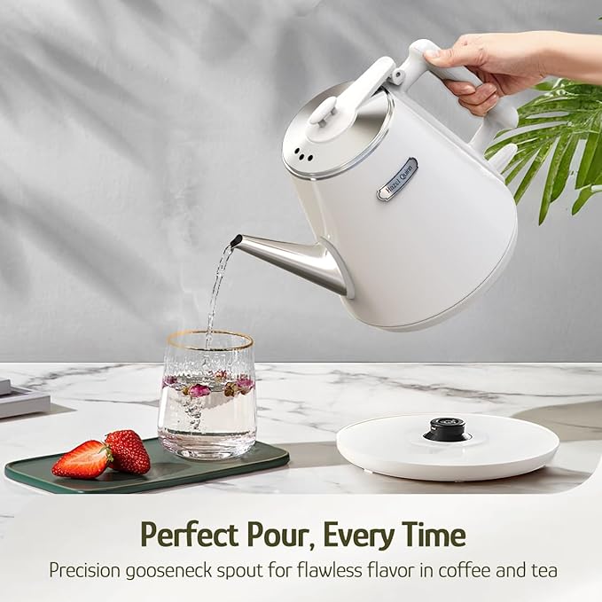 Hazel Quinn Electric Kettle - 1L/34oz Small Tea Kettle, 800W Fast Boil, All 304 Stainless Steel Interior, Double Wall for Cool Touch and Thermal, Auto Shut-Off, BPA-Free, Cordless - Pearl White