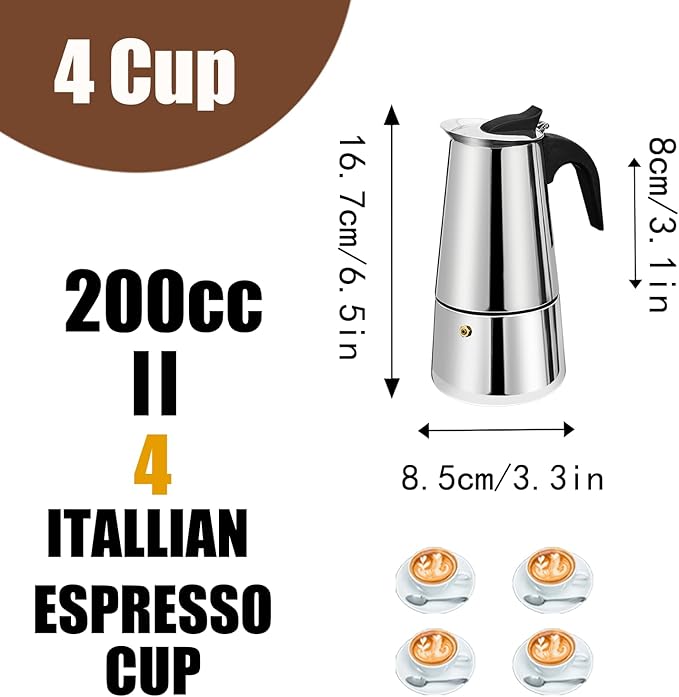 4 Cup Stovetop Espresso Maker Stainless Steel Moka Pot Stove Top Percolator Italian Coffee Makers Capable Mocha Greca Machine Cafe Classic Induction Cookers for Home and Camping 200ml 6.6oz