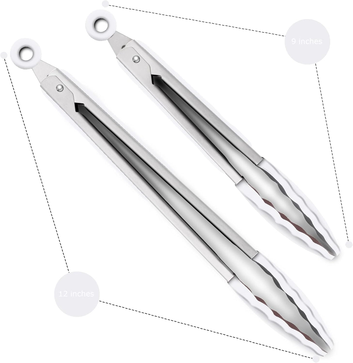 Premium Silicone Set of 2 Cooking Tongs, 9-Inch & 12-Inch BPA Free Non-Stick Stainless Steel BBQ Grilling Locking Food Tong, Light Grey