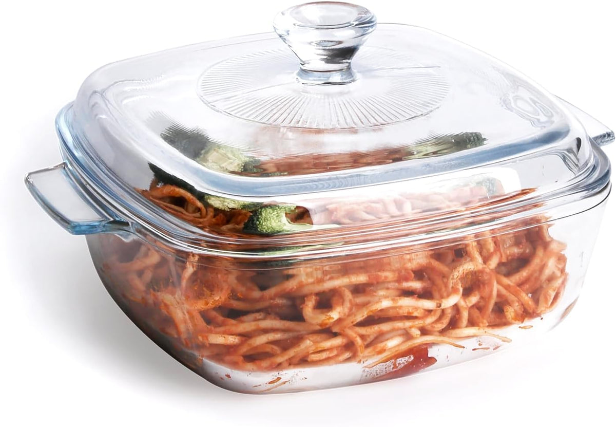 Clear Square Glass Casserole with Lid, Baking Dish with Glass Cover, Oven, Freezer and Dishwasher Safe (1.2-Quart Square)