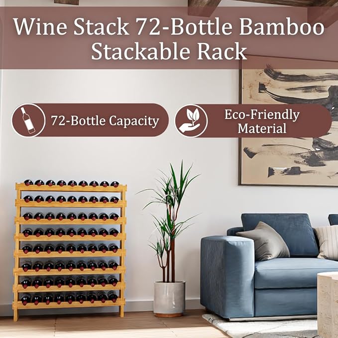 72 Bottle Bamboo Stackable Freestanding Wine Rack, No Tools Assembly, Durable, Wine and Liquor Bottle Storage for Small Spaces