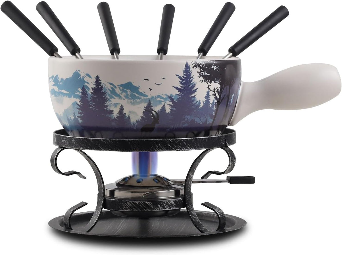 Artestia Serene Summits Swiss Design Fondue Set for Party - 2L Large Capacity Ceramic Fondue Pot Melting Cheese, Chocolate, 6 Fondue Forks, Fondue Party, Wedding Gifts