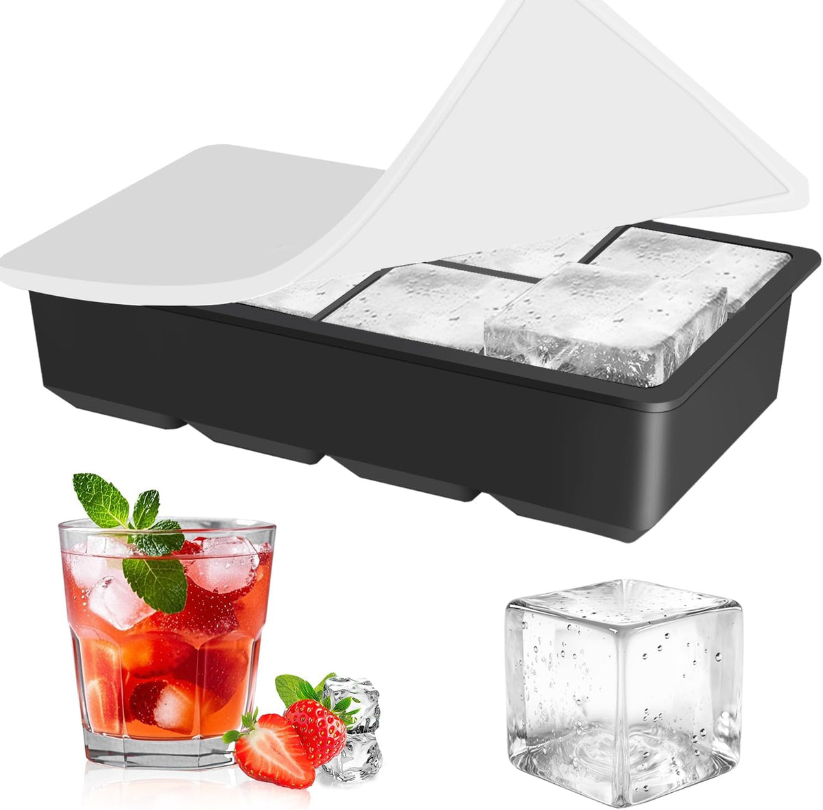 Silicone Ice Cube Tray with Lid, Make 2" Big Square Ice Cubes, Large Whiskey Ice Cube Mold, Ice Cubes Mold for Cocktails & Wine, Soups and Frozen Treats, Without BPA