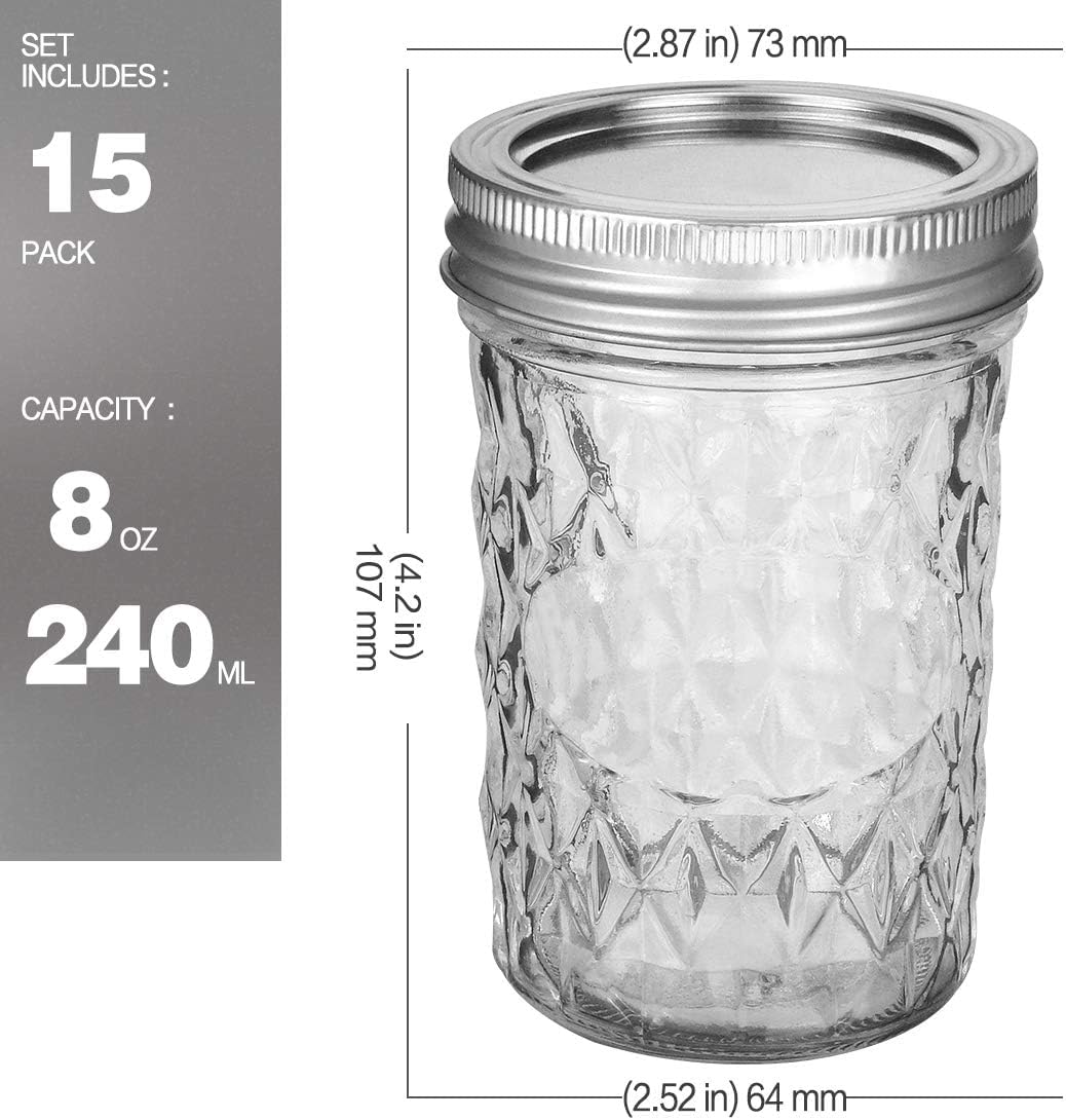 VERONES Mason Jars 8 OZ, 8 OZ Canning Jars Jelly Jars With Regular Lids, Ideal for Jam, Honey, Wedding Favors, Shower Favors, 15 PACK