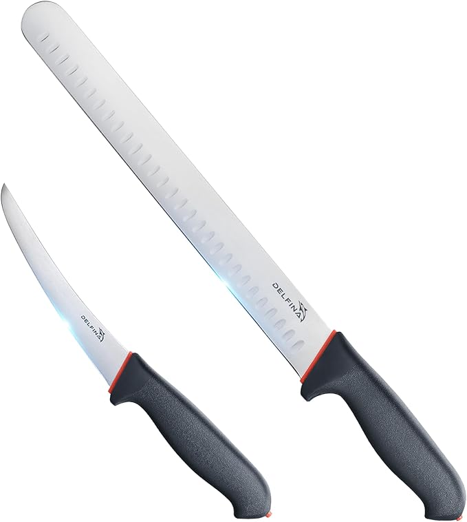 DELFINA Professional 2 Piece BBQ Knife Set, Japanese Style Premium Stainless Steel Chef Knife Set W/SoftGrip Handle, Multi-Purpose Slicing & Boning Knife Set for Kitchen Home Restaurant