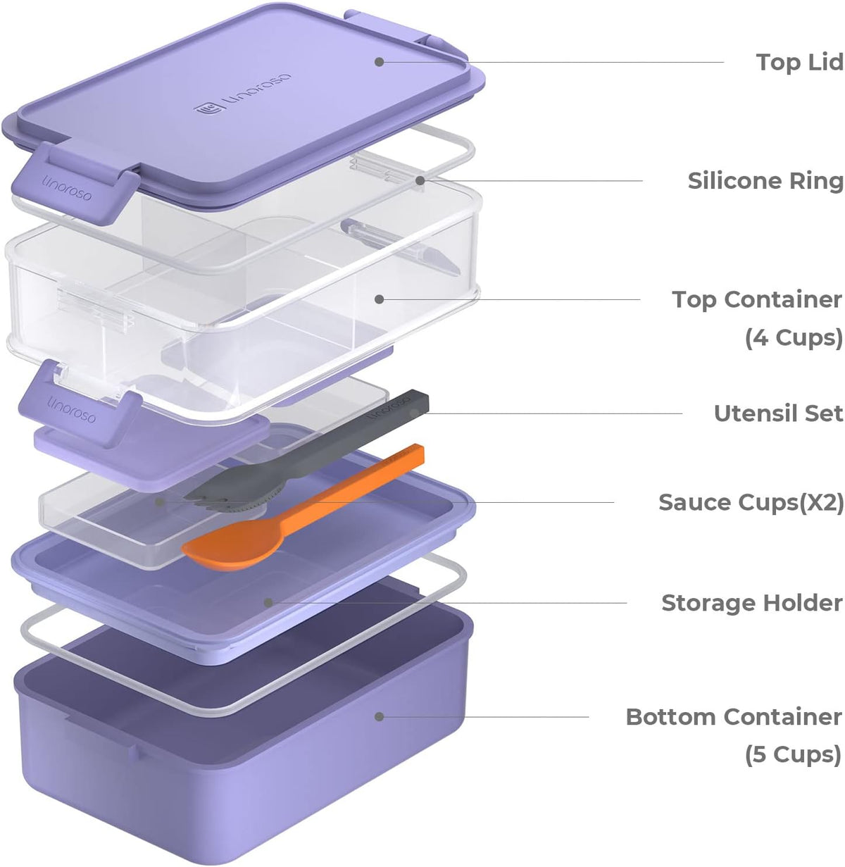 linoroso Stackable Bento Box Adult Lunch Box | Meet All You On-the-Go Needs for Food, Salad and Snack Box, Premium Bento Lunch Box for Adults Include Utensil Set, Dressing Containers - Veri Peri