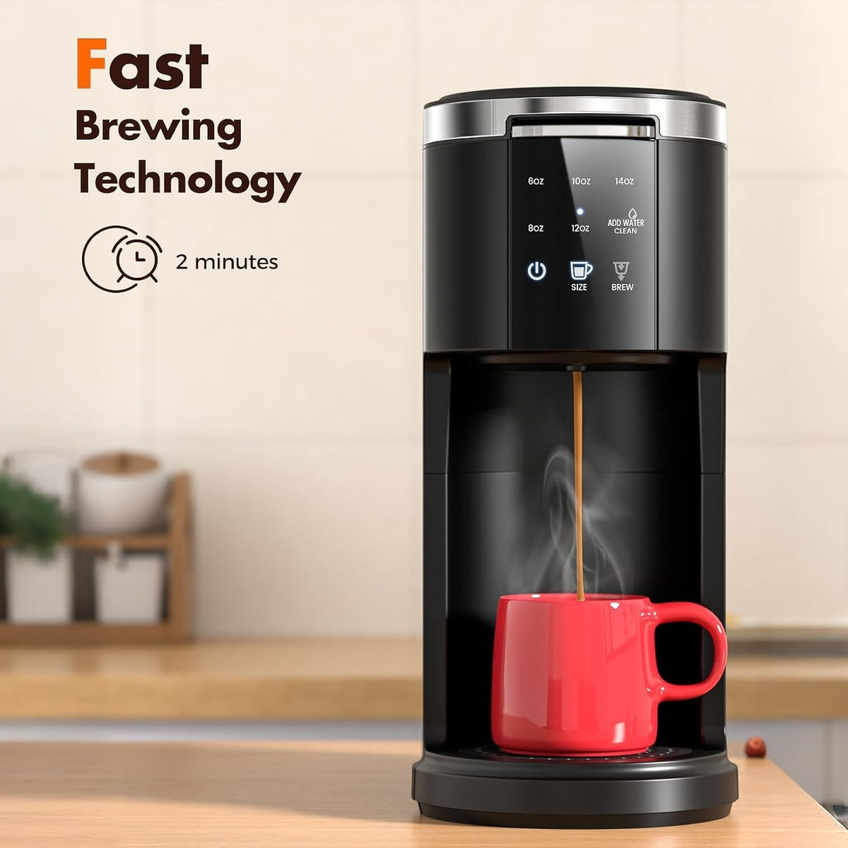 Single Serve Coffee Maker, 2 in 1 Coffee Machine for K-Cup & Ground Coffee, 6 to 14oz Brew Sizes, Self-cleaning Pod Coffee Makers with 40oz Removable Water Reservoir, LCD Screen, Black
