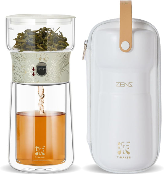 ZENS Cool Glass Teapot with Infuser, Smart One Touch Tea Maker for Loose Tea Diffusers with Insulated Mug and Portable Tea Kits, Enchanted Teapot Alternatives for Tea Lover Gifts