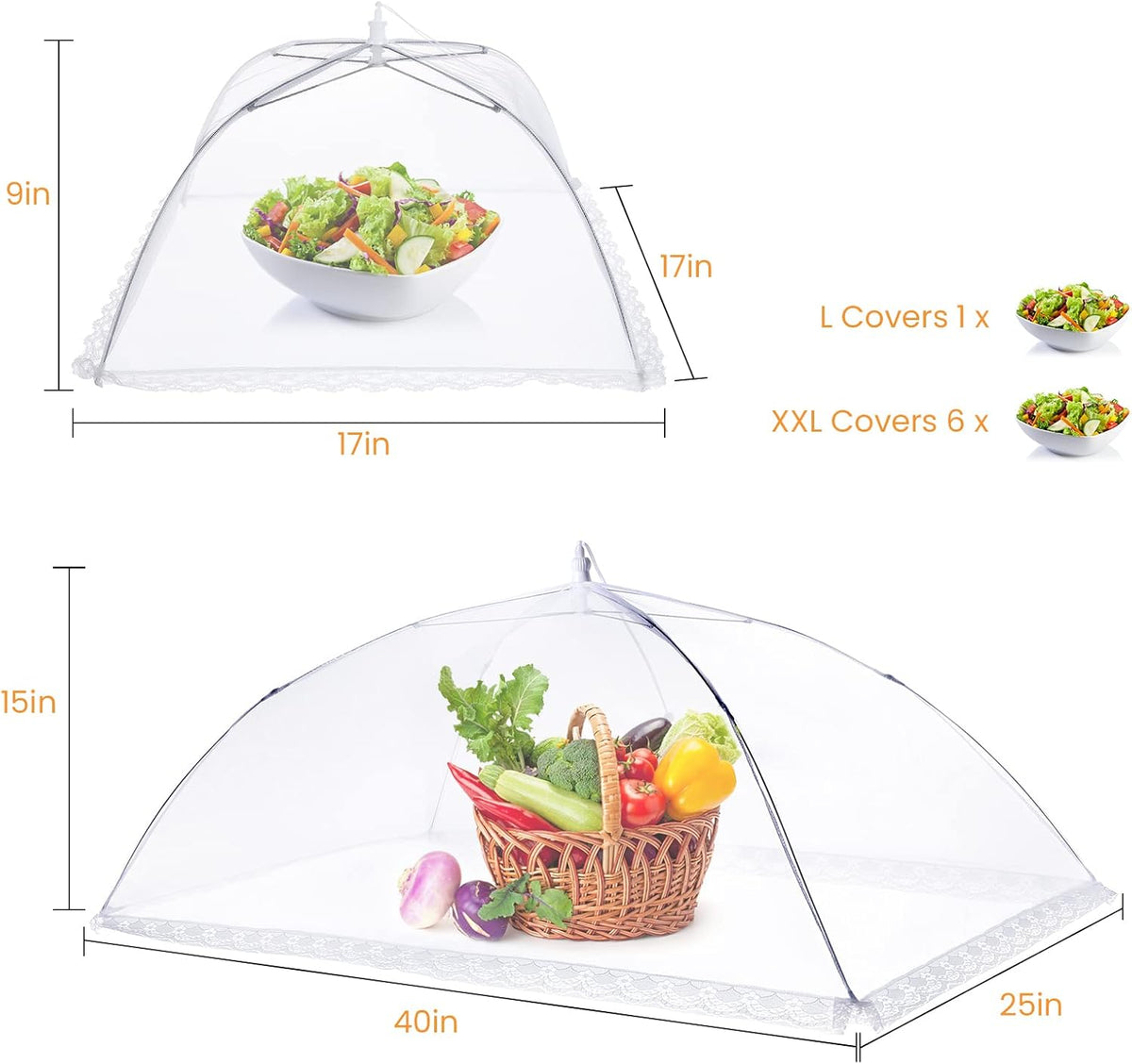 Food Covers for Outside - 2 Extra Large (40 x 25 in) & 6 Large (17 x 17 in) Food Tents/Food Covers for Outdoors Mesh Screen, Picnic Pool Party Supplies, Pop-Up and Collapsible