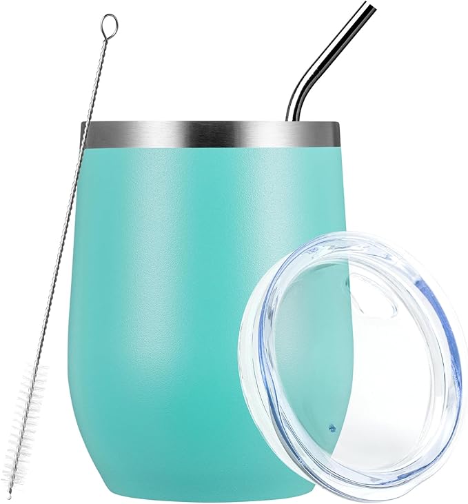 MEWAY Stemless 12 OZ Wine Tumbler Glasses with Lid -Insulated Double Wall Vacuum Stainless Steel Travel Tumbler with Straw,for Woman Under 10 dollars (Light Green,1)
