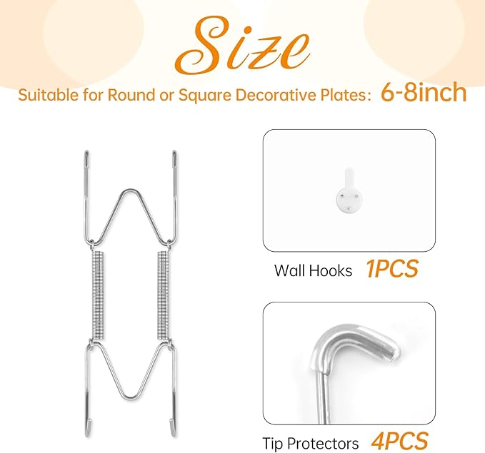Plate Hangers for The Wall, Suitable for 6-8 inch Decorative Plate, Stainless Steel Wire Plate Holder with Wall Hooks and Rubber tip Protectors, Plate Hangers for Displaying Plates, Platter, Silver