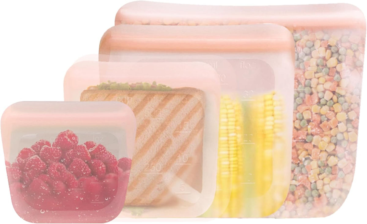 purifyou Set of 4 Reusable Silicone Storage Snack Bags 6oz / 16oz / 32oz / 64oz Self-Seal Food Storage Container for Fruits, Vegetables, Sandwiches, Dishwasher Safe & Leak-free (CloudPink)