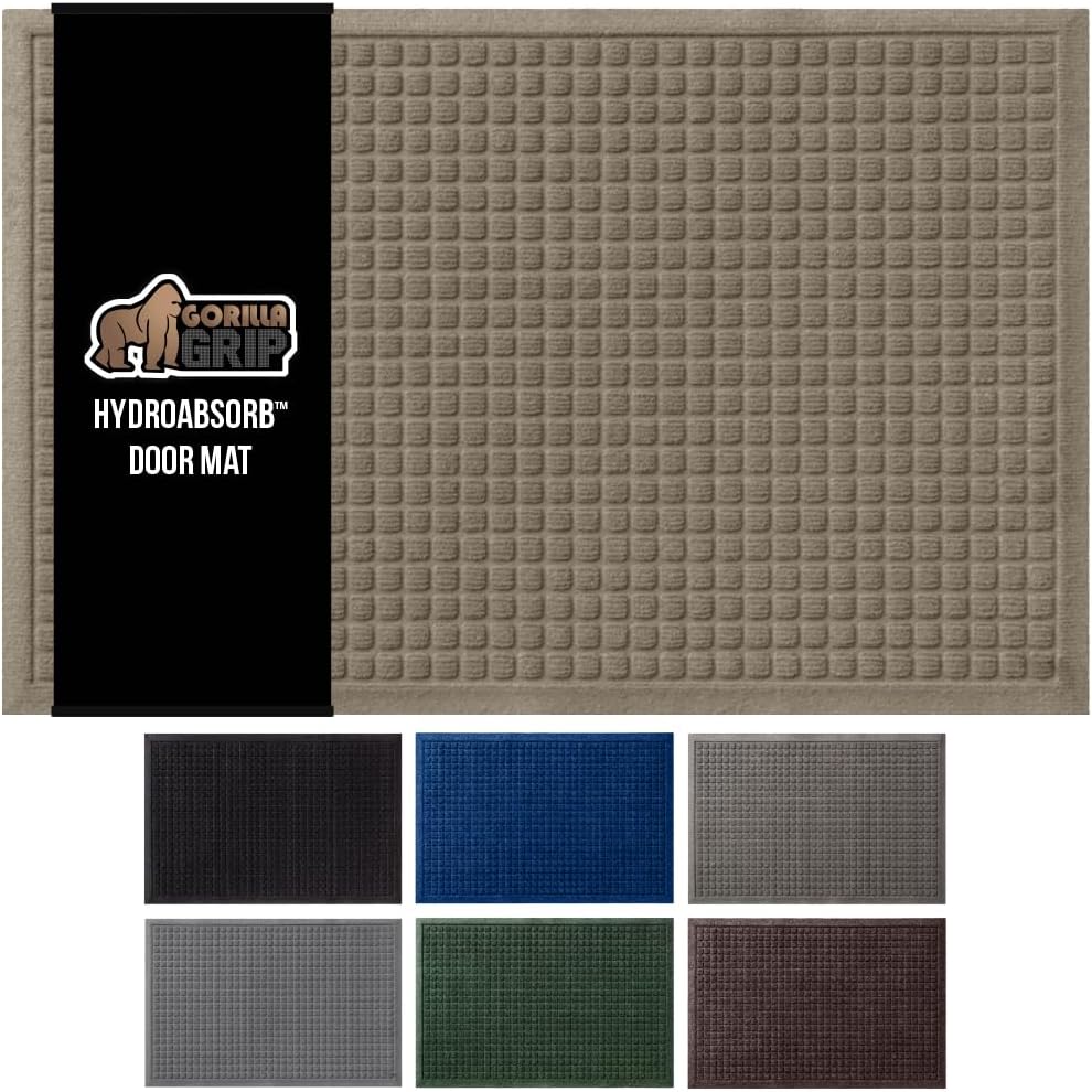 GORILLA GRIP Front Door Mat, 35x23, Indoor Outdoor Ultra Absorbent HydroAbsorb Doormat, Absorbs Up to 5.7 Cups of Water, Stain and Fade Resistant, Rubber Backing Doormats, Captures Dirt, Beige