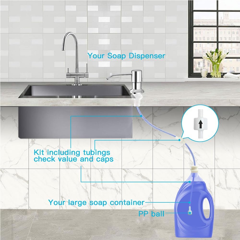 Dish Soap Dispenser for Kitchen Sink, Countertop Sink Soap Dispenser Water Pump with 47” No-Spill Extension Tube Kit Design for Kitchen Bathroom, No More Refills （Chrome）